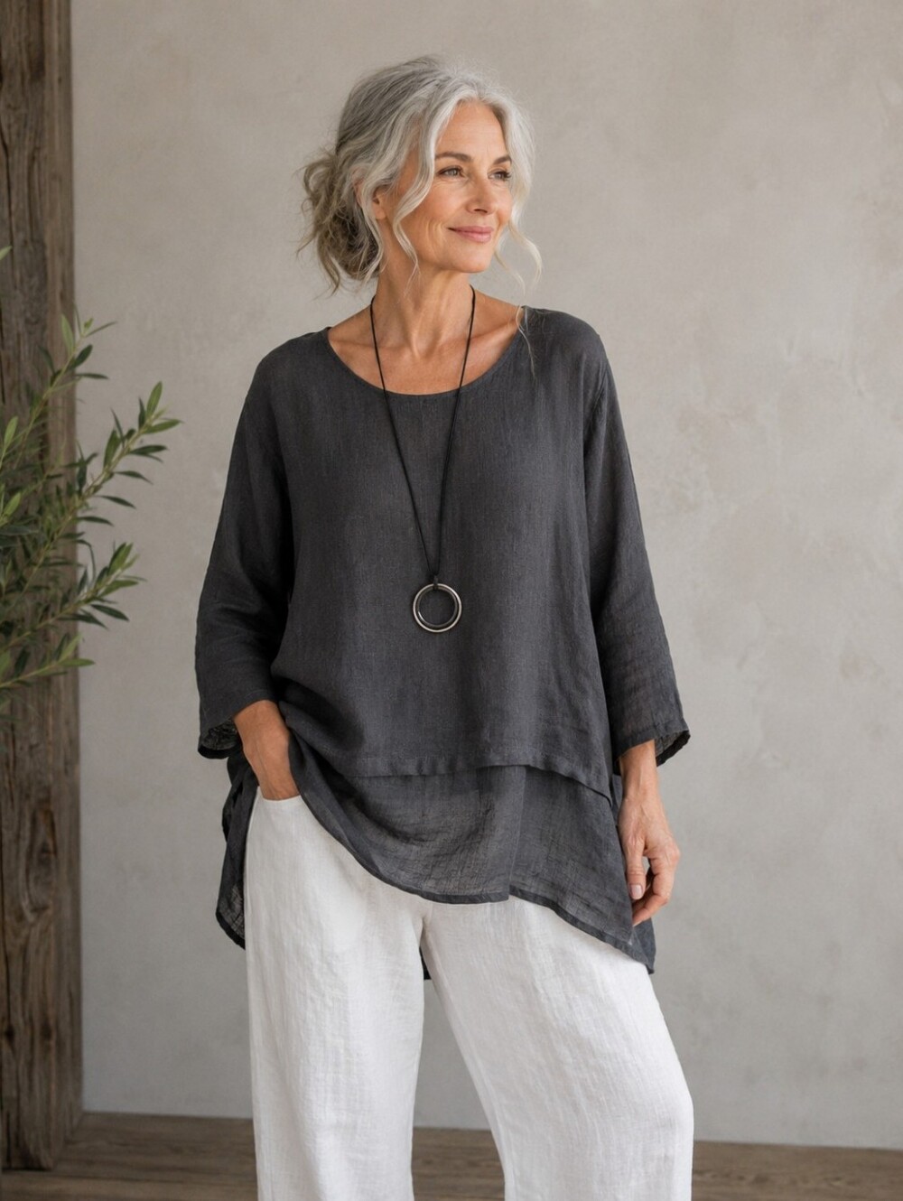 Crown Linen Designs 100% Linen Sheer Hem Tunic Top – Black Large